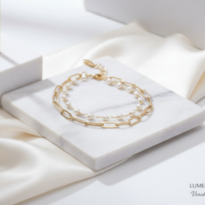 Pulseira Mira Mini Pérolas e Elos Dupla Folheada a Ouro
