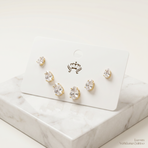 Trio de Brincos Gota com Pedra Facetada Incolor Dourado
